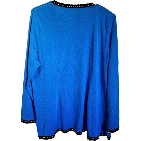 Vintage Misook L Blue Long Sleeve Open Front Jacket Black White Trim FLAW - Picture 3 of 9